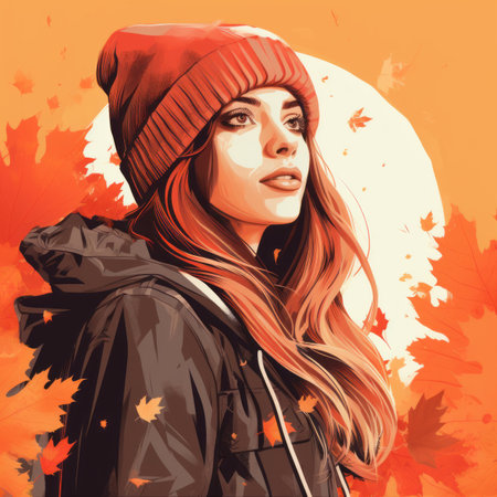 a girl with red hair and a beanie is standing in front of autumn leavesの素材