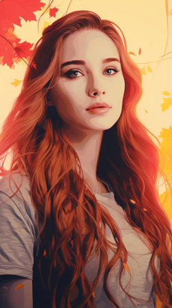 a girl with long red hair and leaves in the backgroundの素材