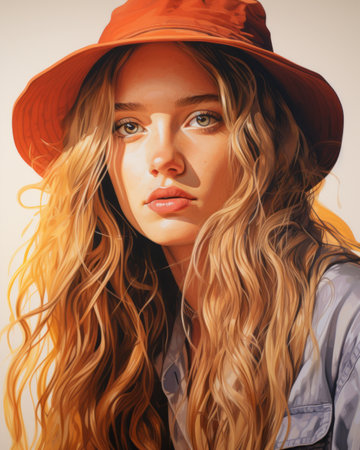 a painting of a woman wearing a red hatの素材