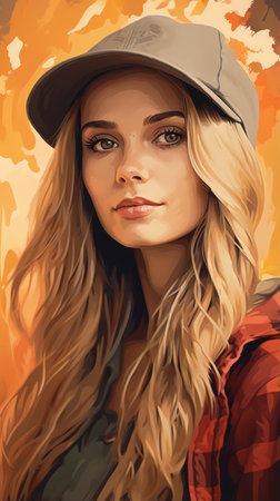 a painting of a woman wearing a hat and a plaid shirtの素材
