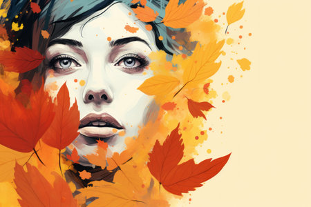 a painting of a woman surrounded by autumn leavesの素材