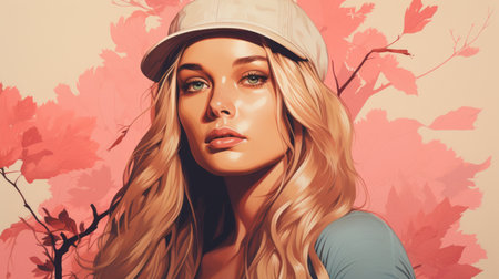 a painting of a beautiful blonde woman wearing a baseball capの素材