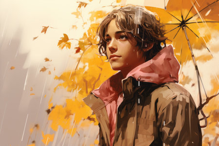 a painting of a girl with an umbrella in the rainの素材