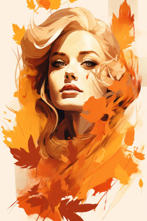 a painting of a woman with autumn leaves on her faceの素材