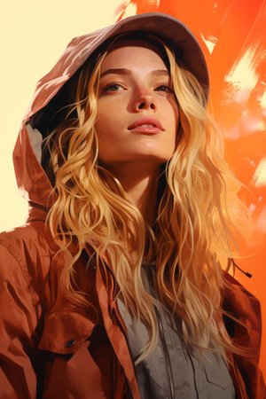 a painting of a woman in an orange jacketの素材