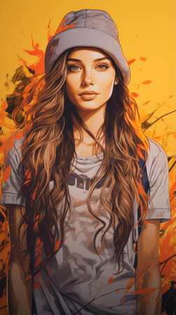a digital painting of a woman with long hair and a hatの素材