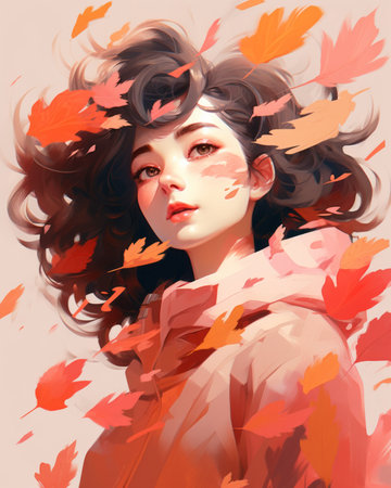 a painting of a woman with autumn leaves falling from her hairの素材
