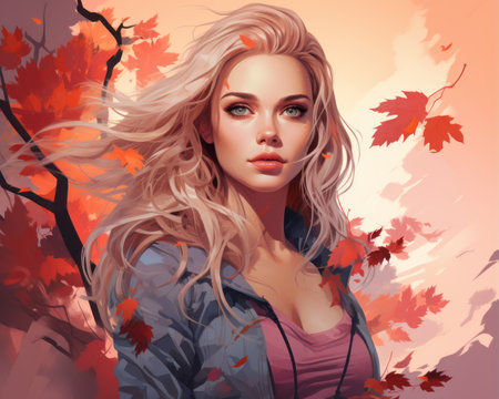 a painting of a beautiful blonde woman with autumn leavesの素材