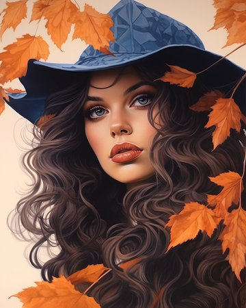 a painting of a woman wearing a hat and autumn leavesの素材