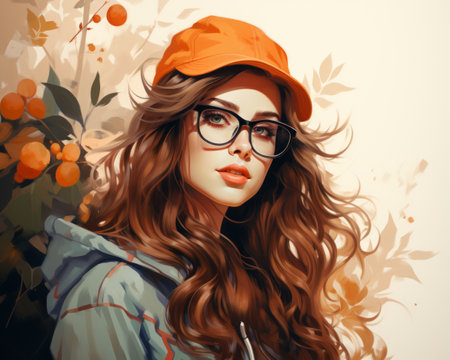 a painting of a girl with glasses and an orange hatの素材