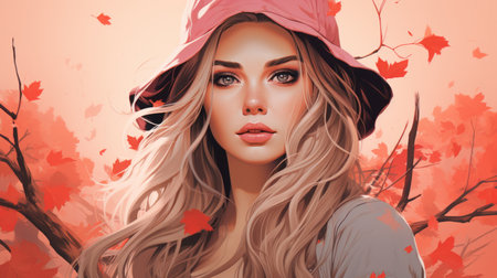 a painting of a beautiful woman with long hair and a pink hatの素材