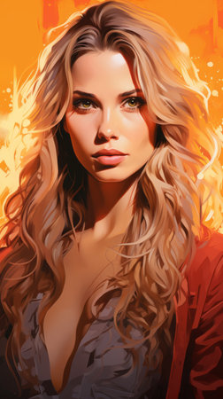 a painting of a woman with long hair and a red jacketの素材