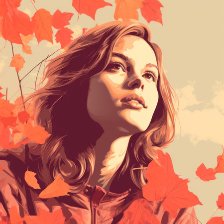 a painting of a woman with autumn leaves in the backgroundの素材