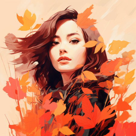 a painting of a woman with autumn leaves on her faceの素材