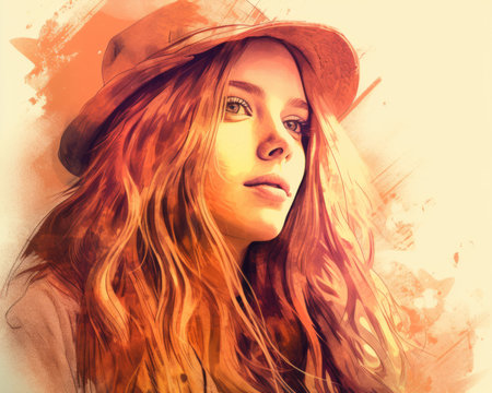 a digital painting of a woman with long hair and a hatの素材