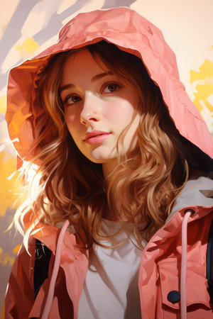 a painting of a girl wearing a pink jacketの素材