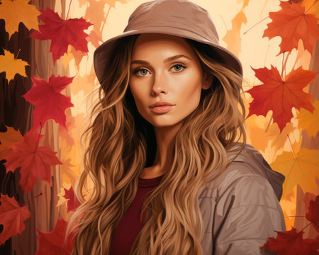 a painting of a woman with long hair and a hatの素材