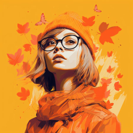 a painting of a woman wearing glasses and an orange hatの素材