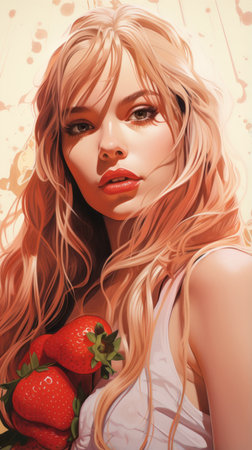 a painting of a woman holding a strawberryの素材