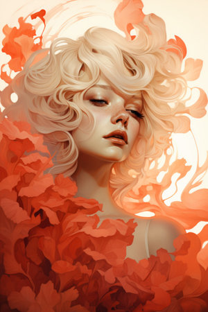 a painting of a woman with blonde hair and red flowersの素材