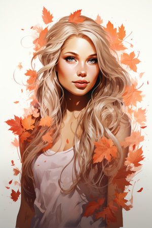 a painting of a beautiful blonde woman with autumn leavesの素材