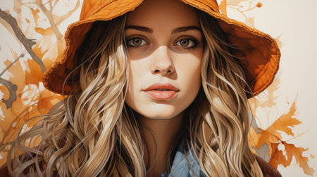 a painting of a woman wearing an orange hatの素材
