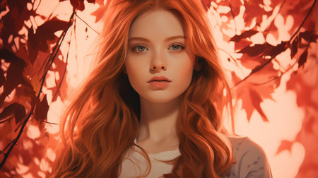 a girl with long red hair is standing in front of some red leavesの素材