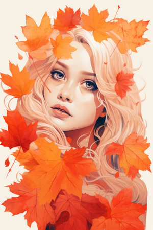a painting of a woman with long blonde hair surrounded by autumn leavesの素材