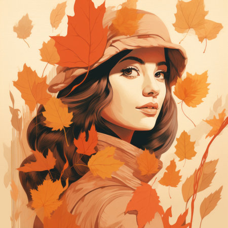 a painting of a woman with autumn leaves in her hairの素材