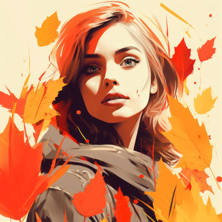 a painting of a woman with autumn leaves on her faceの素材