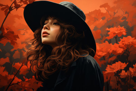 a painting of a woman wearing a black hat in front of red flowersの素材