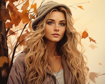 a painting of a woman with long hair and a hatの素材