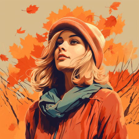 a painting of a woman wearing an orange hat and scarfの素材