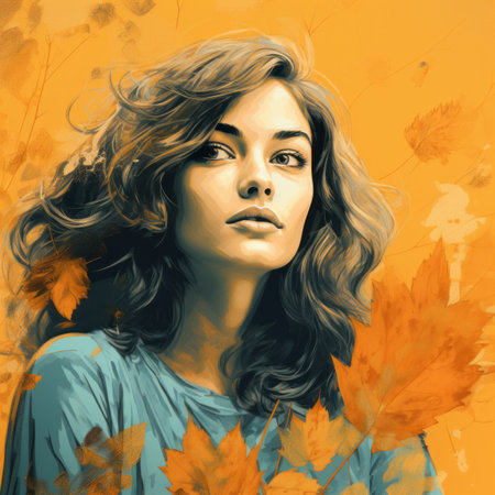 a painting of a woman with autumn leavesの素材