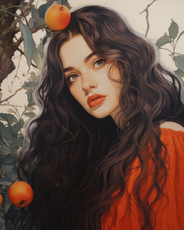 a painting of a woman with long black hair and an orange in her handの素材