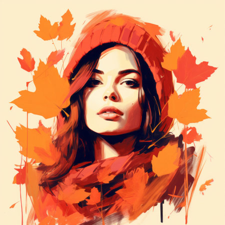 a painting of a woman in a red hat and scarf surrounded by autumn leavesの素材