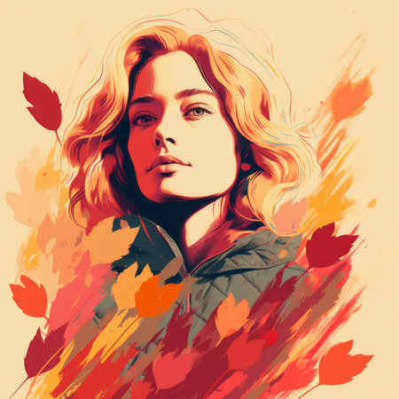 a painting of a woman with autumn leaves on her faceの素材