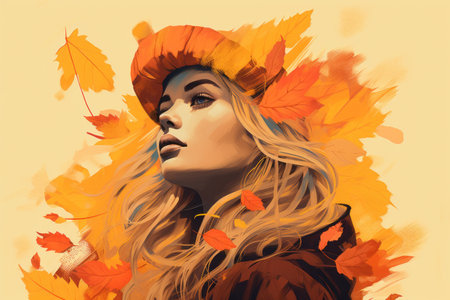 a painting of a woman with autumn leaves on her headの素材