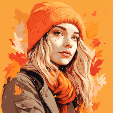 a painting of a woman wearing an orange hat and scarfの素材