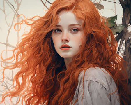 a painting of a girl with long red hairの素材