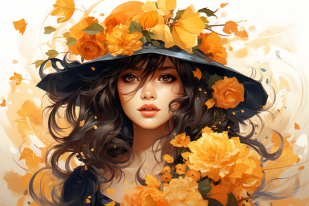 a painting of a woman with flowers in her hatの素材