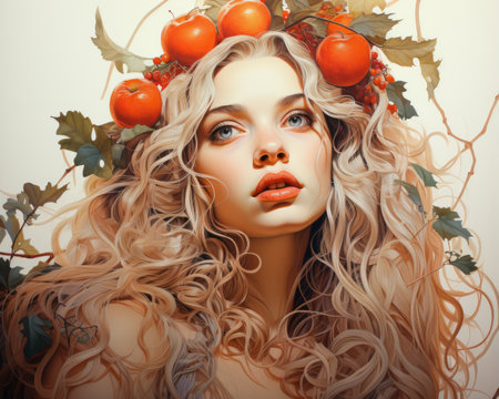 a painting of a beautiful woman with red tomatoes on her headの素材