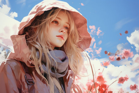 a painting of a girl with long hair and a pink jacketの素材