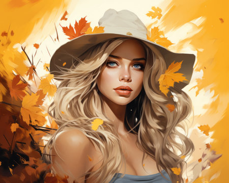 a painting of a beautiful blonde woman in a hat with autumn leavesの素材