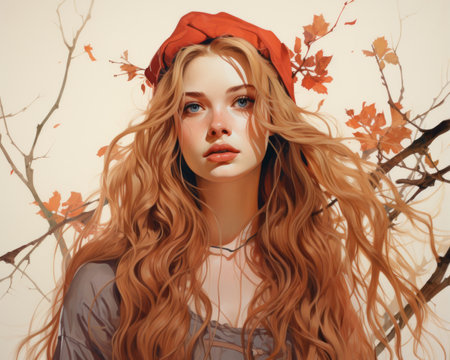 a painting of a girl with long red hair and a red hatの素材