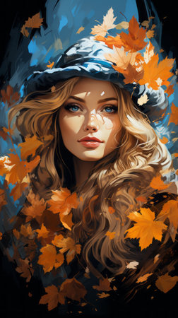 a painting of a woman with long hair and a hatの素材