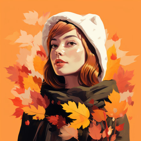 a painting of a woman with leaves on her headの素材