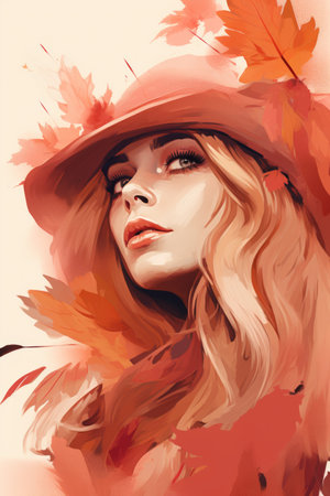 a painting of a woman in a hat and autumn leavesの素材