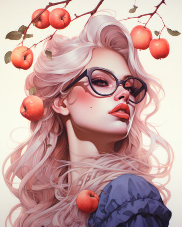 a painting of a woman with glasses and apples on her headの素材