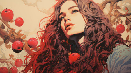 a painting of a woman with long hair and red applesの素材